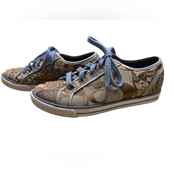 Coach Leather Womens 6M Brown/Tan Patchwork Sneakers with Blue Strings - Picture 6 of 9